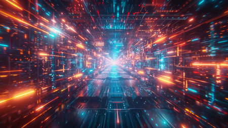 Abstract expression of digital connectivity, featuring hud patterns and vibrant neon lights to symbolize the digital age, neon light color, wallpaper, backdropの写真素材
