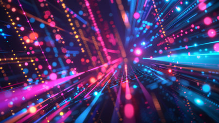 Abstract expression of digital connectivity, featuring hud patterns and vibrant neon lights to symbolize the digital age, neon light color, wallpaper, backdropの写真素材