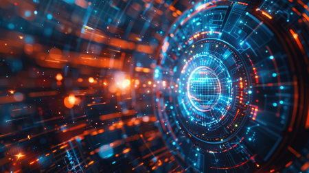 Abstract expression of digital connectivity, featuring hud patterns and vibrant neon lights to symbolize the digital age, neon light color, wallpaper, backdropの写真素材