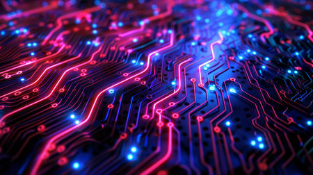 Abstract expression of digital connectivity, featuring circuit-like patterns and vibrant neon lights to symbolize the digital age, yellow and green colorの写真素材