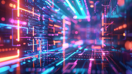 Abstract expression of digital connectivity, featuring hud patterns and vibrant neon lights to symbolize the digital age, neon light color, wallpaper, backdropの写真素材
