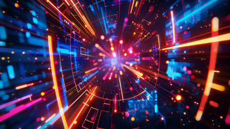 Abstract expression of digital connectivity, featuring hud patterns and vibrant neon lights to symbolize the digital age, neon light color, wallpaper, backdropの写真素材