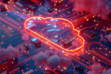 Cloud on Computer Board with Neon Lights and Circuits network security concept. A cloud-shaped server hub, symbolizing the centralization of data and resources.の写真素材