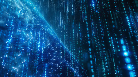 Multilayer Blue Binary Code Data Grid with Digital Information Displays. Digital cyberspace with...