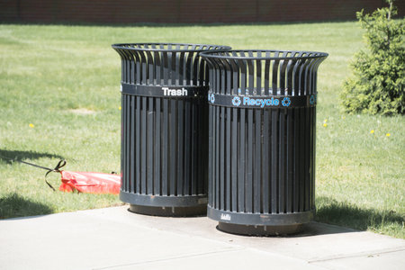A trash and recycling containers.の写真素材