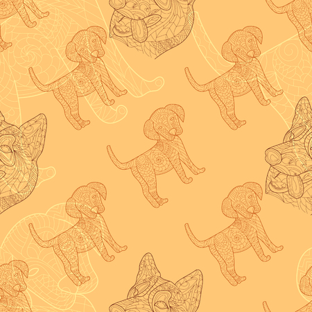 Dog, puppy doodle seamless pattern. Outline color texture.のイラスト素材