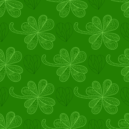 Clover, shamrock on St. Patrick's Day green seamless pattern. Hand drawn background.のイラスト素材