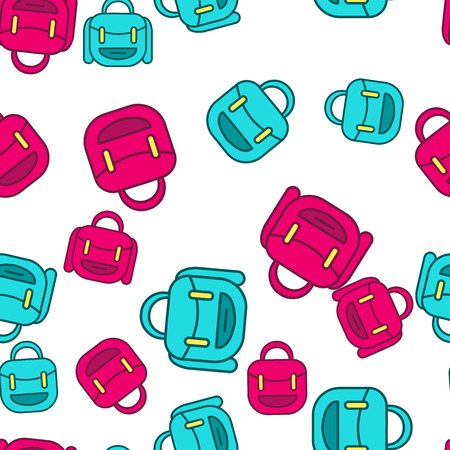 Backpack vector pattern. Seamless background illustration. Cute autumn outline cartoon texture, textile fabric, print. School bag back to school wrapping paper, book cover, clothes for kids, childrenのイラスト素材