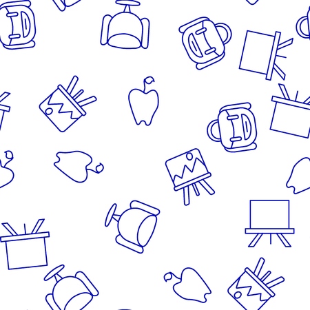 Blue and white illustration of a pattern of backpacks palettes and applesのイラスト素材