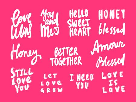 Love wins, hello sweet heart, I need you. Sticker collection for social media content. Vector hand drawn illustration design.のイラスト素材