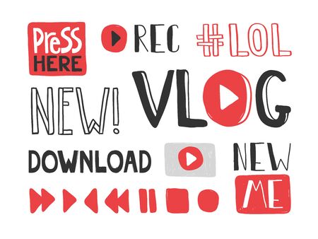 Here, press, button, vlog, download, new, me, lol, hashtag, record. Sticker for social media content. Vector hand drawn collection set illustration design.のイラスト素材