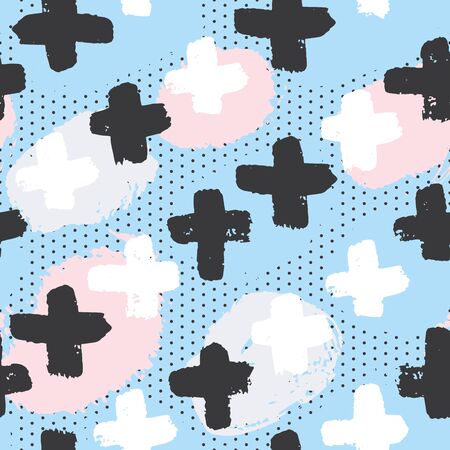 Vector seamless pattern with geometric brush strokes elements. Memphis geometric outline trendy modern style.のイラスト素材