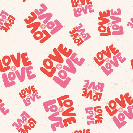Love is love. Retro pattern for print design. Cartoon vector illustration. Romantic seamless texture design. Hand drawn calligraphy lettering vector illustration.のイラスト素材