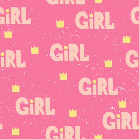 Girl. Retro pattern for print design. Cartoon vector illustration. Romantic seamless texture design. Hand drawn calligraphy lettering vector illustration.のイラスト素材
