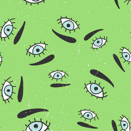 Blue eyes on green. Abstract seamless pattern for cloth design illustration. Old grunge paper texture background wallpaper. Grid seamless pattern. Vector color illustration.のイラスト素材