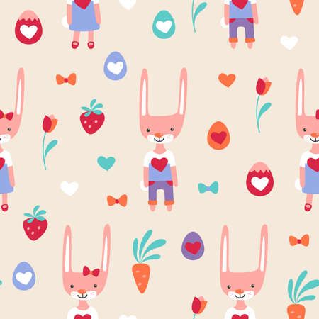 Vector seamless pattern with easter boy and girl bunnies, eggs, strawberry, carrot and tulipsのイラスト素材