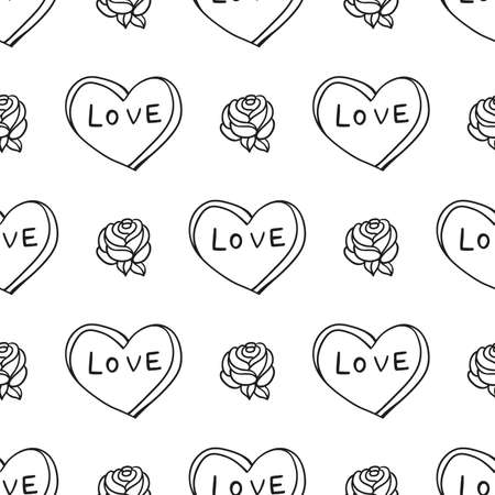 Love Rose Outline. Vector seamless pattern with calligraphy hand drawn text. Good for wrapping paper, wedding card, birthday invitation, pattern fill, wallpaperのイラスト素材