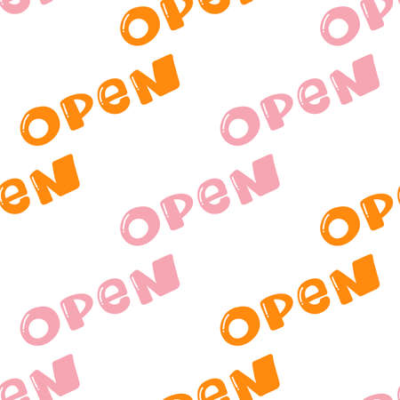 Open. Trendy lettering with pop art seamless text. Seamless texture. Vintage background poster. Geometric art seamless pattern. Fashion graphic printのイラスト素材