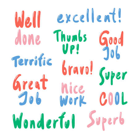 Well done, excellent, thumbs up, super, cool, bravo, great job, terrific. lettering typography quote set. Calligraphy graphic design element. Hand written style. Simple vector brush sign.のイラスト素材
