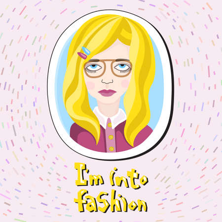 Vector portrait of young blonde woman in transparent eyeglasses on pink background with sprinkles. Hand drawn words I am into fashionのイラスト素材
