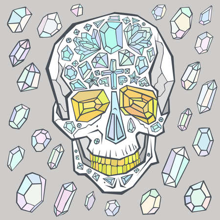 Encrusted hand drawn skull with golden teeth and eye sockets. Colorful gems are flying aroundのイラスト素材