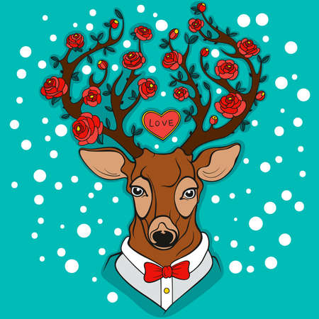 Vector dressed up deer with blooming red roses on antlers. Spring snow and turquoise backgroundのイラスト素材