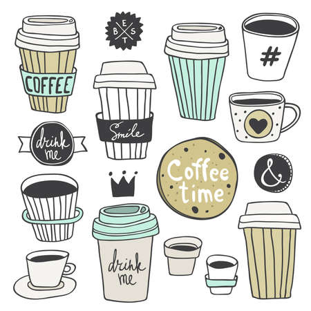Vector Coffee time set. Plastic and paper coffee and tea cups. Coffee to go. Take away. Drink me and Smile lettering.のイラスト素材