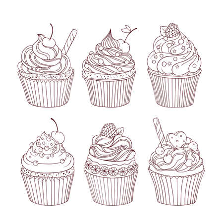 Vector set of six hand drawn outlined cupcakes. Monochrome. Use for wedding, birthday invitations, web page background, surface textures, menu, and other.のイラスト素材