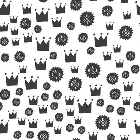 Decorative seamless pattern with hand drawn crown and best label shapes. Hand painted grungy ink doodles in black and white colors. Trendy endless texture for digital paper, fabric, backdrops wrappingのイラスト素材