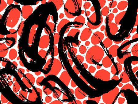 Black, white, red colors. Seamless Pattern for fabric design. Water splash paint splatter....