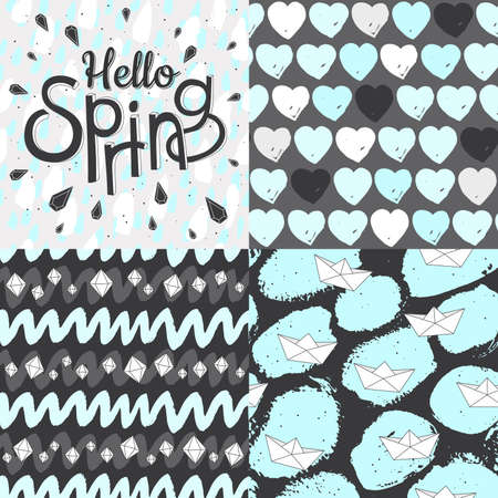 Hello spring hand drawn lettering. Calligraphic brush stroke seamless pattern with tribal zigzag, blue spots looks like puddle with paper boats. Good for invitations, wallpaper, textile print.のイラスト素材