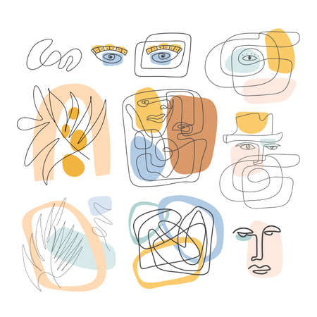 Modern poster collection set with linear abstract faces, eyes, plant. Continuous line art. One line drawing. Minimalist graphic.のイラスト素材