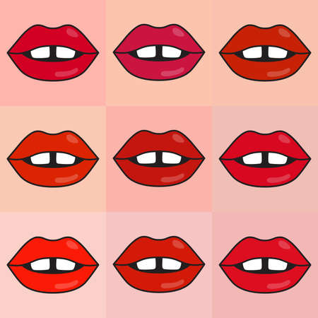 Vector set of skin types and lipstick colors. Seamless pattern in nude tone with red lips. Make up template.のイラスト素材