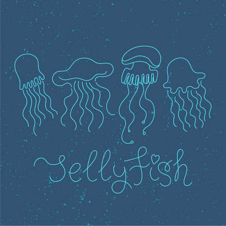 Jellyfish outline hand drawn illustration on dark blue background.のイラスト素材