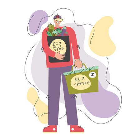 Eco food farm market frozen delivery man. Contactless delivery. Vegetables, fruits, fresh food. Illustration for business banner.のイラスト素材