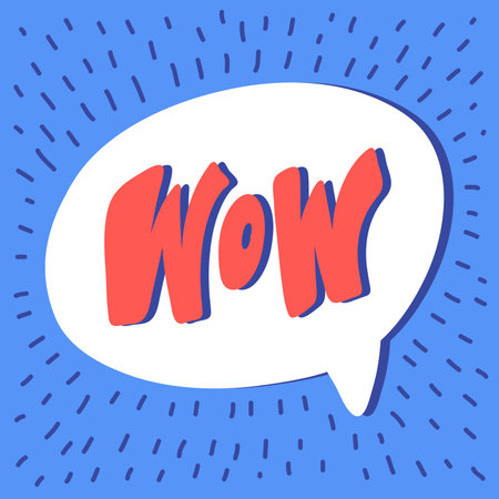Wow. Hand drawn red sticker in white speech bubble at blue background.のイラスト素材