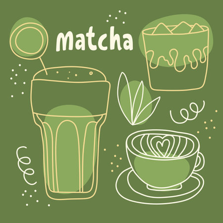 Matcha hand drawn outline vector set. Iced cold matcha latte, soy and almond milk. Healthy green superfood. Beverages and drink. Green tea leaf, dots. Cute one line design.のイラスト素材