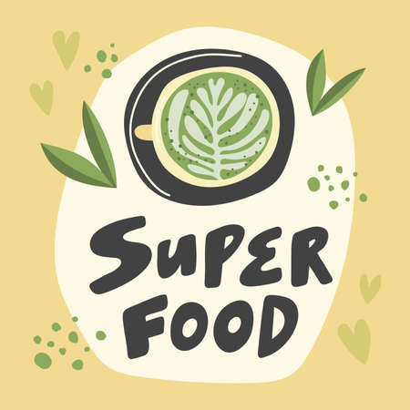 Superfood Matcha. Hand drawn vector illustration with leaves and cup of matcha on yellow background.のイラスト素材