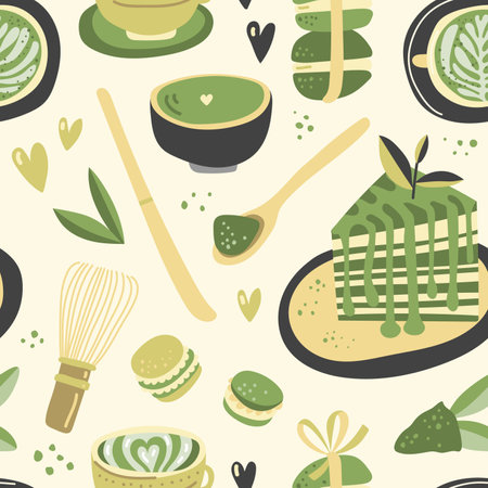 Vector hand drawn matcha illustration on contrast seamless background. Cake, macaroons, spoon, bamboo whisk, heart, matcha teaのイラスト素材