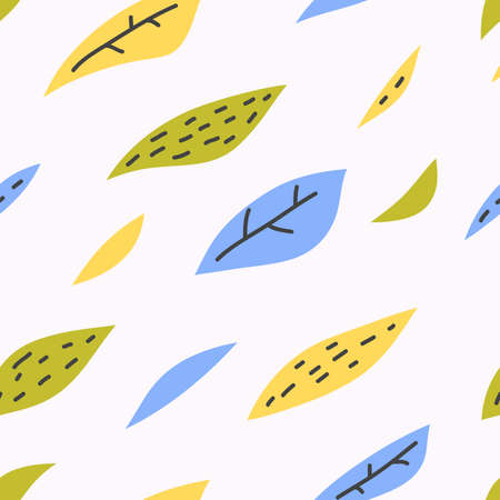 Vector hand drawn seamless pattern cute design. Green, blue, yellow leaves.
