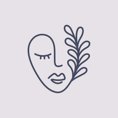 Hand drawn face with leaf and twig. One line continuous vector illustration design.のイラスト素材