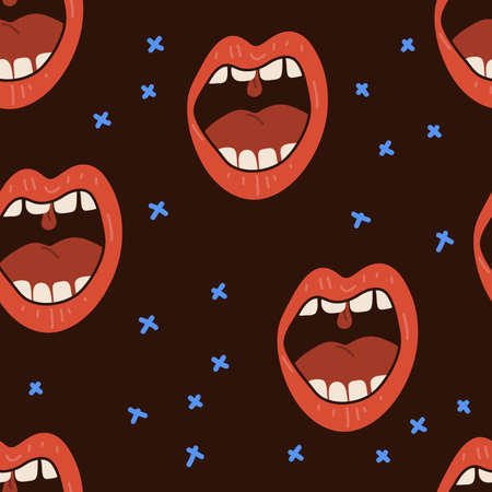 Vector hand drawn seamless pattern cute mouth lips. Red, black, blue colors.のイラスト素材