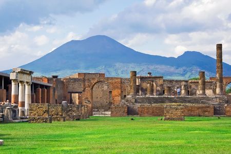 Ancient ruins of Pompeii and volcano Vesuvius, Italyの写真素材