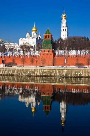 Famous Moscow Kremlin and beautiful reflection in Moskva river, Russiaの写真素材
