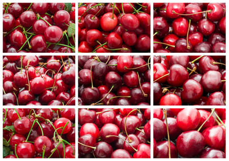 Collection of beautiful red fresh cherry macro photo backgroundsの写真素材