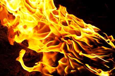 Beautiful yellow and orange hot fire on black backgroundの写真素材
