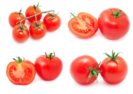 Collection of red tasty tomatoes isolated on white backgroundの写真素材
