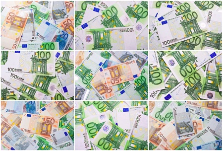 Many euro banknotes making european currency backgroundの写真素材