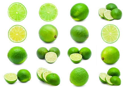 Collection of fresh green limes isolated on white background