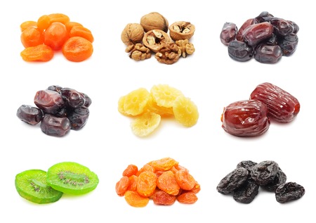 Collection of dried fruits isolated on white backgroundの写真素材